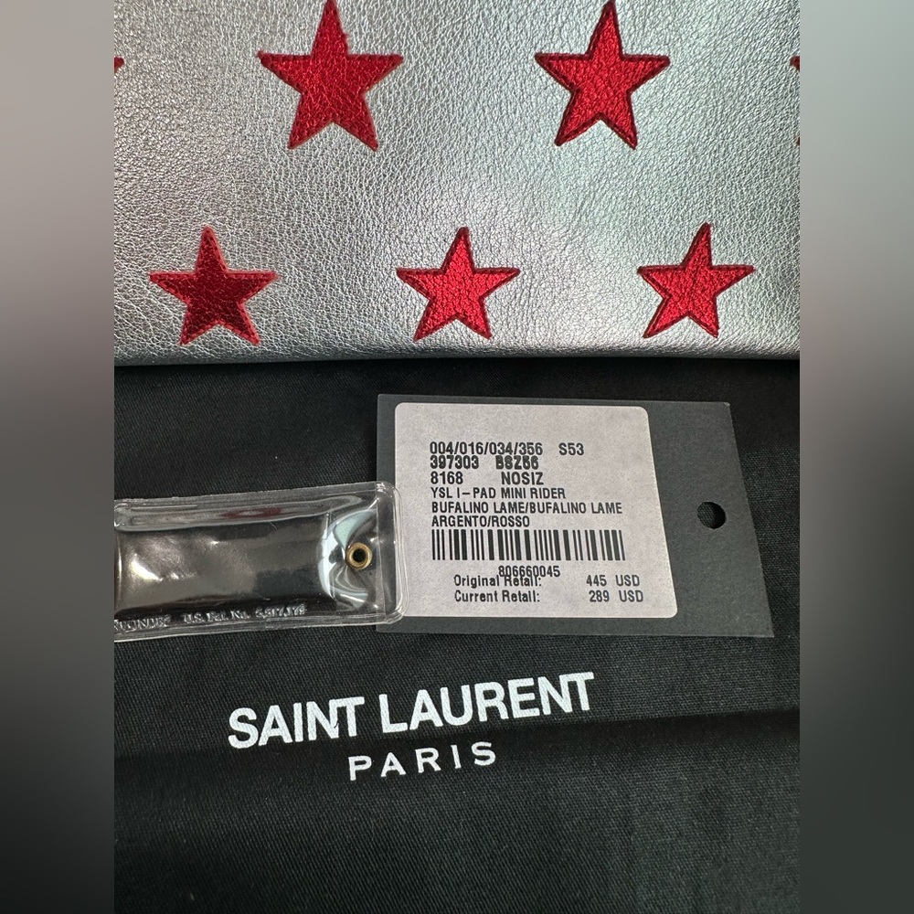 authentic YSL Saint Laurent iPad mini Rider zip Pouch with star patches NWT - Picture 9 of 12